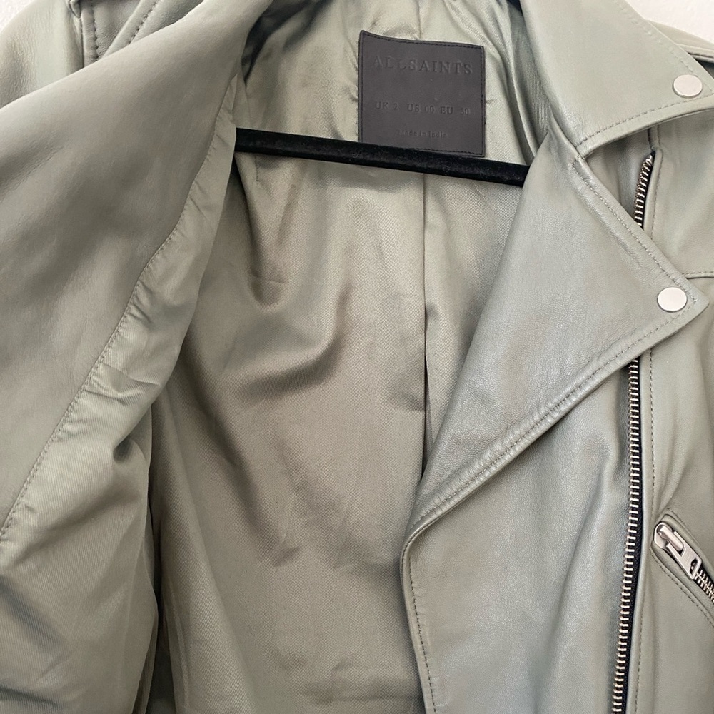 AllSaints Darnley Leather Biker Jacket Sage Green - Picture 7 of 10